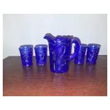 Vintage Cobalt Pressed Glass Miniature Pitcher and Glasses