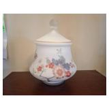 Vintage Made In Italy - satin glass Apothecary jar urn hand painted Asian Flowers Rooster Bird