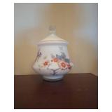 Vintage Made In Italy - satin glass Apothecary jar urn hand painted Asian Flowers Rooster Bird
