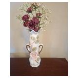 MCM Floral Ceramic Vase 2 Gold Toned Handles With Pink Flowers Japan Made 7.5\"