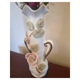 MCM Floral Ceramic Vase 2 Gold Toned Handles With Pink Flowers Japan Made 7.5\"