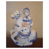 Vintage Blue & White w Gold Accents Porcelain Lady On Horse Figurine Decor