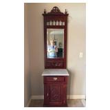 Victorian Style Hall Tree with Marble Top and Brass Fittings (approximately 83 inches tall 20 inches wide and 17 inches deep)