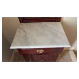 Victorian Style Hall Tree with Marble Top and Brass Fittings (approximately 83 inches tall 20 inches wide and 17 inches deep)