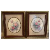Pink Roses Wall Art Set in Gilt And Burlwood Finish Frames (approximately 14 inches by 17 inches each )