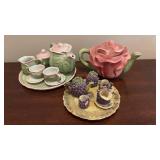 Decorative Tea Sets and Pot. Resin and Ceramic. Cabbage, Grape and Rose Motifs (Rose Teapot approximately 4 inches tall)