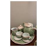 Decorative Tea Sets and Pot. Resin and Ceramic. Cabbage, Grape and Rose Motifs (Rose Teapot approximately 4 inches tall)