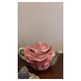 Decorative Tea Sets and Pot. Resin and Ceramic. Cabbage, Grape and Rose Motifs (Rose Teapot approximately 4 inches tall)