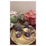 Decorative Tea Sets and Pot. Resin and Ceramic. Cabbage, Grape and Rose Motifs (Rose Teapot approximately 4 inches tall)