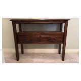 Traditional Brown Console Table with Shelf and Two Drawers (approximately 3 foot across 1 foot deep and 2 foot 4 inches tall)