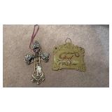 Decorative Crystal Cross Wall Ornament (approximately 8 inches tall) and Tin Blessing Hanging Decoration