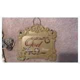 Decorative Crystal Cross Wall Ornament (approximately 8 inches tall) and Tin Blessing Hanging Decoration