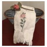 Rose Embroidered Fingertip Towel with Decorative Tub Shaped Bowl Approximately 10 inches