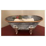 Rose Embroidered Fingertip Towel with Decorative Tub Shaped Bowl Approximately 10 inches