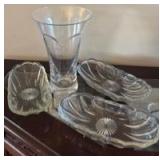 Vintage and Teleflora Gift Glass, Vase and (3) Relish Dishes