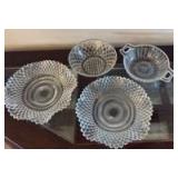 (2) Indiana Glass clear pressed glass dish in the \"Diamond Point\" pattern with a ruffled, sawtooth rim (1) Anchor Hocking Waterford \"Waffle\" clear depression glass bowl. (1) Federal Glass Wheat an
