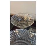 (2) Indiana Glass clear pressed glass dish in the \"Diamond Point\" pattern with a ruffled, sawtooth rim (1) Anchor Hocking Waterford \"Waffle\" clear depression glass bowl. (1) Federal Glass Wheat an