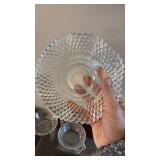 (2) Indiana Glass clear pressed glass dish in the \"Diamond Point\" pattern with a ruffled, sawtooth rim (1) Anchor Hocking Waterford \"Waffle\" clear depression glass bowl. (1) Federal Glass Wheat an