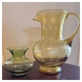 Amber Glass Pitcher and Green Glass Vase (approximately 3 inches tall)