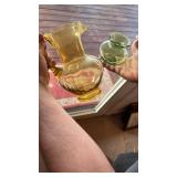 Amber Glass Pitcher and Green Glass Vase (approximately 3 inches tall)