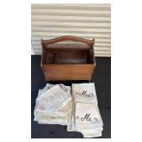 Vintage Wooden Sewing Box (approximately 10 inches long-one chip, easy fix) with Hankerchief Collection, Mr & Mrs Embroidered Linens and Other Embroidery Examples