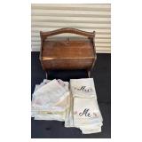 Vintage Wooden Sewing Box (approximately 10 inches long-one chip, easy fix) with Hankerchief Collection, Mr & Mrs Embroidered Linens and Other Embroidery Examples