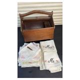 Vintage Wooden Sewing Box (approximately 10 inches long-one chip, easy fix) with Hankerchief Collection, Mr & Mrs Embroidered Linens and Other Embroidery Examples