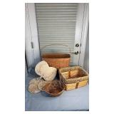 1988 Longaberger Handled Basket ( approximately 15 inches tall and 12 wide) and Other Baskets, Handwoven Trivets and Fan