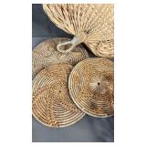 1988 Longaberger Handled Basket ( approximately 15 inches tall and 12 wide) and Other Baskets, Handwoven Trivets and Fan
