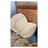 1988 Longaberger Handled Basket ( approximately 15 inches tall and 12 wide) and Other Baskets, Handwoven Trivets and Fan