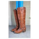 Vintage Ladies Brown Leather Tall Riding Boots with Cross Stitching Size 6