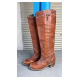 Vintage Ladies Brown Leather Tall Riding Boots with Cross Stitching Size 6