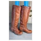 Vintage Ladies Brown Leather Tall Riding Boots with Cross Stitching Size 6