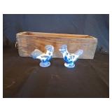 Blue and White Willow Pattern Rooster Figurines with Wooden Box