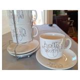 NEW  Cup and Saucer Set , "HELLO WORLD" Metallic Words