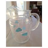 Mid-Century Glass Pitcher with Turquoise Boomerang Pattern