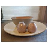Matching Serving Tray and Bowl to Multi Colored Tableware with Pink Salt and Pepper Shakers