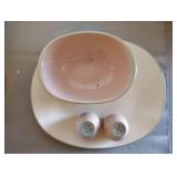 Matching Serving Tray and Bowl to Multi Colored Tableware with Pink Salt and Pepper Shakers