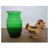 Hen Creamer OR Sponge Holder and 7 Inch Green Glass Vase