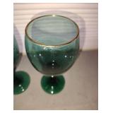 SET OF 6 Green with Gold Trim Wine Glasses