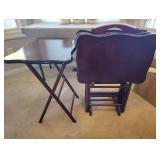 SET OF 4 DARK WOOD TV TRAYS WITH TRAY HOLDER STAND