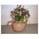 WROGHT IRON WATERING CAN DECOR AND PINK CERAMIC TEA POT WITH Floral Arrangement