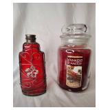 Nearly Full Yankee Cinnamon Candle with Red Perfume Bottle Wrapped in Wire Decor