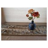 BLUE AND CREAM ORNATE STYLE RUNNER WITH BLUE FLORAL VASE & FLORAL ARRANGEMENT & HUMMING BIRD ACCENT STEM