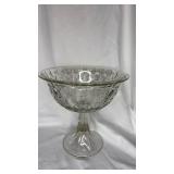 Pressed Pattern Clear Glass Pedestal Dessert Bowl (approximately 8.5 inches diameter and 8 inches tall)