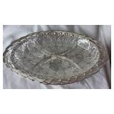 Pressed Pattern Clear Glass Divided Relish Dish with Silver Color Wire Basket (approximately 11 inches long)