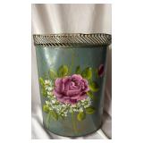 Vintage Hand Painted Floral Metal Waste Basket