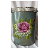Vintage Hand Painted Floral Metal Waste Basket