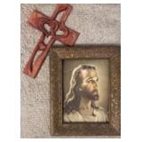 Vintage Framed Print of Christ and Wood Heart Cross (approximately 10 inches tall)