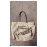 Large Canvas Tote Bag with Faux Snake Print Trim and Matching Clutch